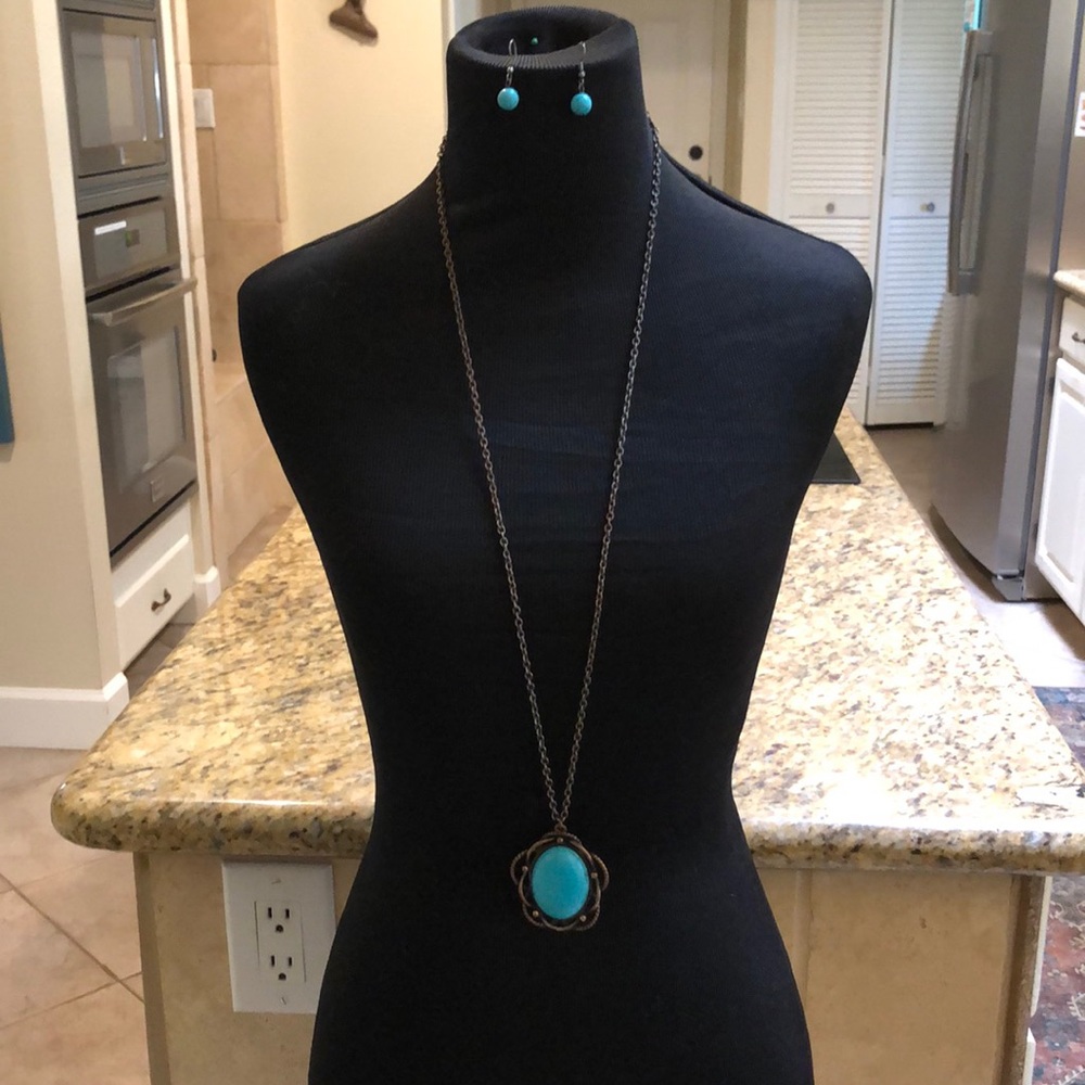Long faux turquoise bronze tone 20” drop necklace with matching earrings.